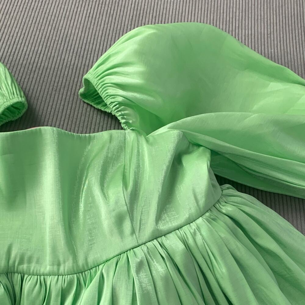 Selkie size medium Chic avocado Lime green Puff Sleeve Mini Dress cocktail party - Picture 4 of 11